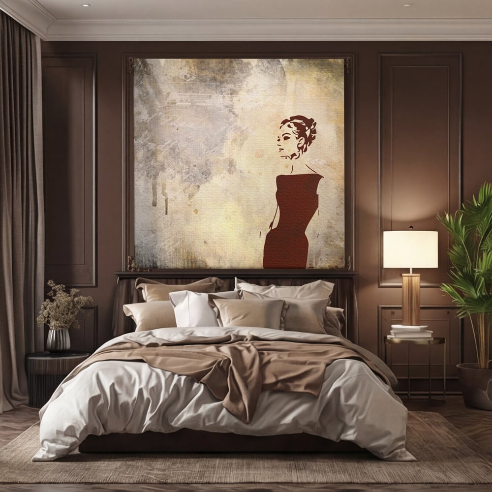 Tablou canvas cu ilustratie cu o femeie in rochie, fara rama, pe sasiu de lemn, pe perete intr-un dormitor